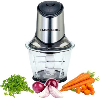 Tocator electric HAUSBERG HB-4507IN, 400-500W, 1 treapta de viteza, 1.2 litri, bol din sticla, 6 cutite cu lame din otel inoxidabil, argintiu