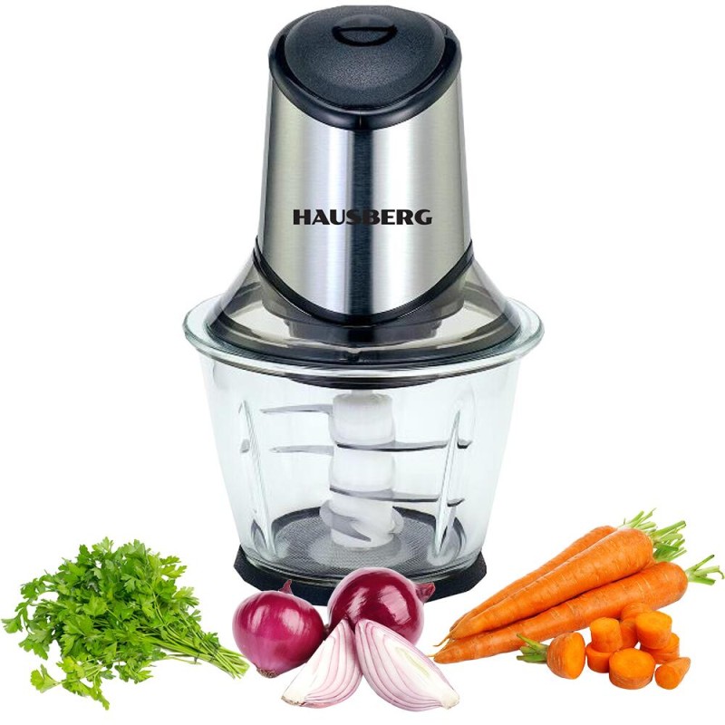 Tocator electric HAUSBERG HB-4507IN, 400-500W, 1 treapta de viteza, 1.2 litri, bol din sticla, 6 cutite cu lame din otel inoxidabil, argintiu