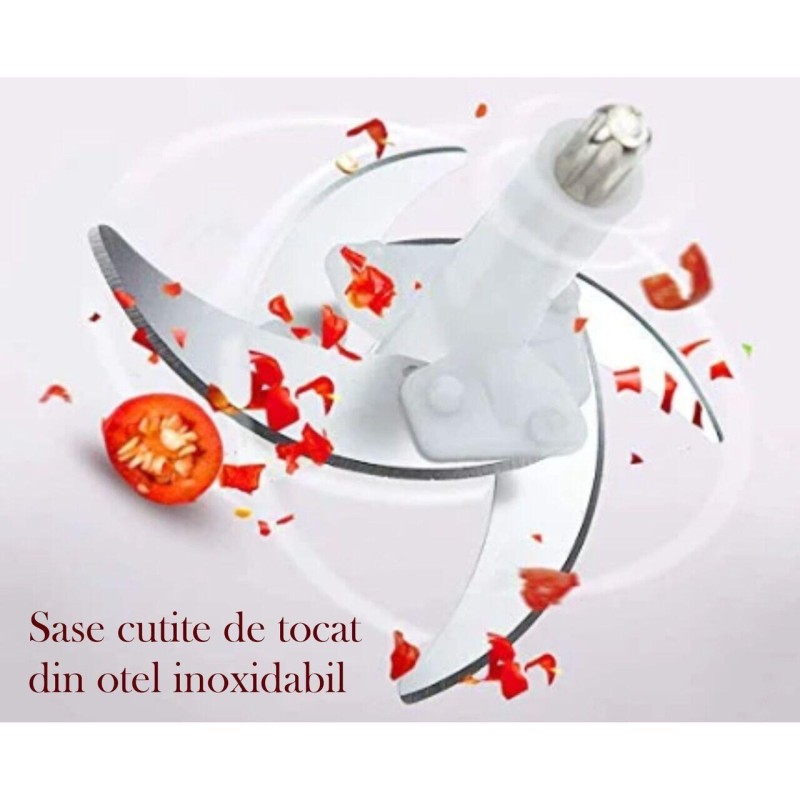 Tocator electric HAUSBERG HB-4507IN, 400-500W, 1 treapta de viteza, 1.2 litri, bol din sticla, 6 cutite cu lame din otel inoxidabil, argintiu