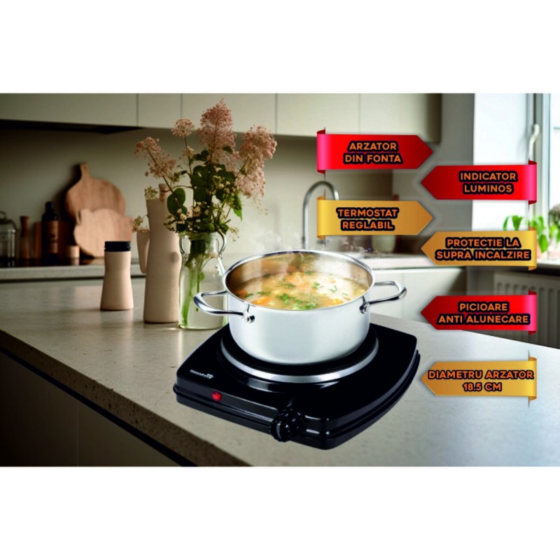 Plita electrica Hausberg HB-519NG, Negru, 1 arzator, Putere 1500W, Termostat