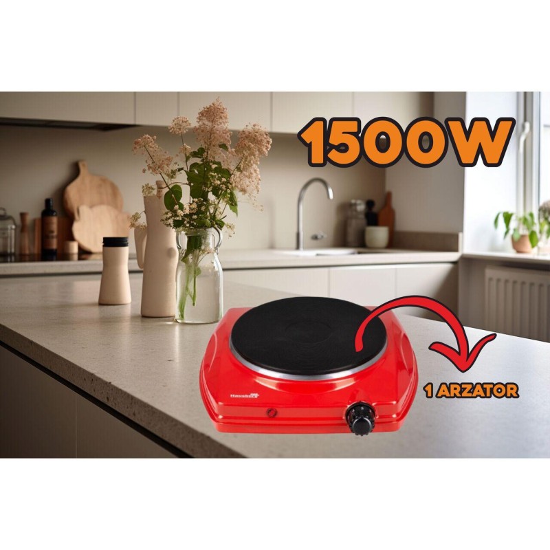 Plita electrica Hausberg HB-519RS, Rosu, 1 arzator, Putere 1500W, Termostat