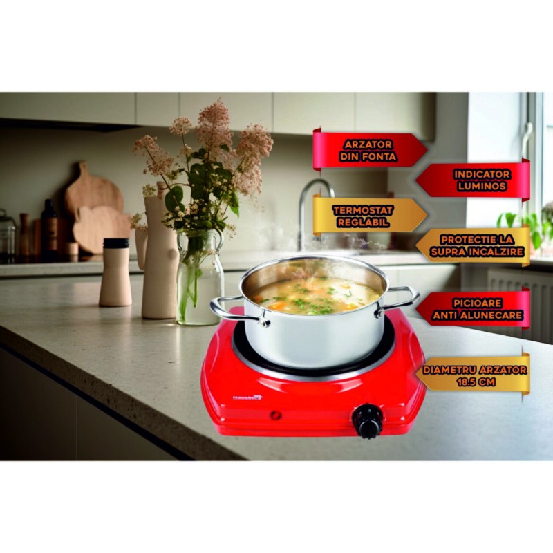 Plita electrica Hausberg HB-519RS, Rosu, 1 arzator, Putere 1500W, Termostat