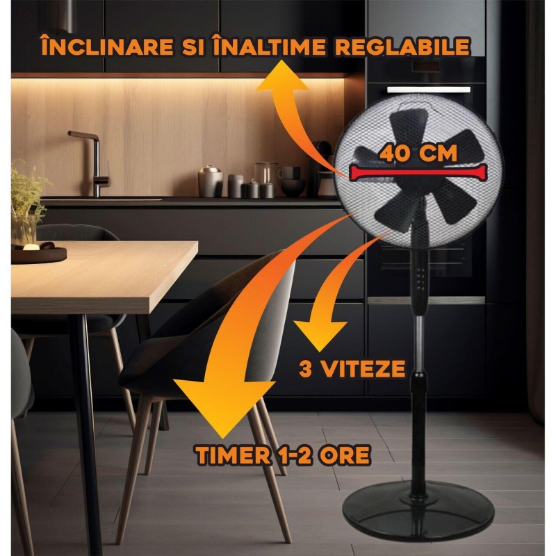 Ventilator cu picior Hausberg HB-5200 Speed, 40W-55W, 40 cm, 3 viteze, timer 1-2 ore, oscilatie, inaltime reglabila, negru