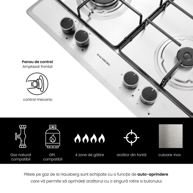 Pachet Cuptor Incorporabil Hausberg HB-8051IN, Electric, 76 l, 4 Functii, Clasa A + Plita Incorporabila Hausberg HB-555, 4 arzatoare, Gaz, Inox + Hota incorporabila decorativa Hausberg HB-1380, 450 m3/h, 1 motor, Touch control, LED, Filtru aluminiu