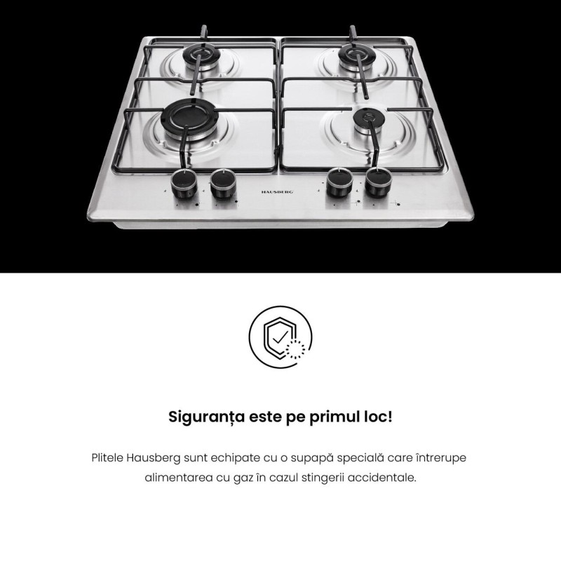 Plita incorporabila Hausberg HB-555, aprindere electrica, gaz, 4 arzatoare, sistem siguranta, Inox
