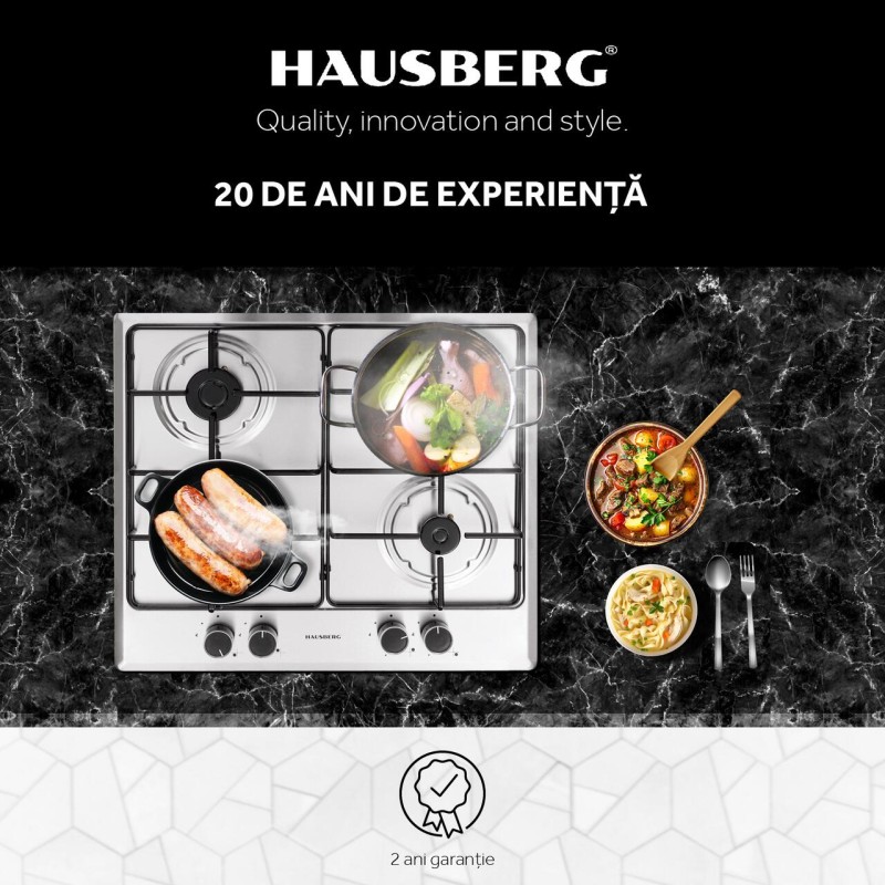 Plita incorporabila Hausberg HB-555, aprindere electrica, gaz, 4 arzatoare, sistem siguranta, Inox