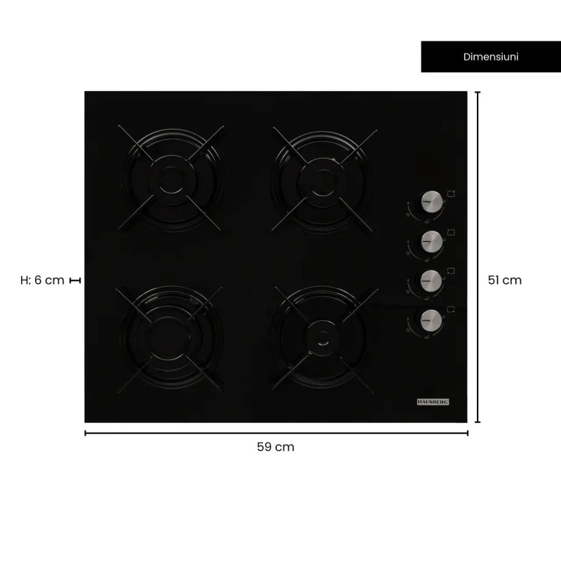 Pachet Incorporabil Cuptor Hausberg HB-8051IN, Electric, Putere 2000 W, 76 l, 4 Functii, Clasa A, Negru/Inox, Plita incorporabila Hausberg HB-563, Gaz, 4 arzatoare, Negru