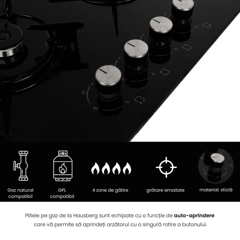 Pachet Incorporabil Cuptor Hausberg HB-8051IN, Electric, Putere 2000 W, 76 l, 4 Functii, Clasa A, Negru/Inox, Plita incorporabila Hausberg HB-563, Gaz, 4 arzatoare, Negru