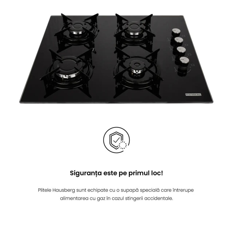Pachet Incorporabil Cuptor Hausberg HB-8051IN, Electric, Putere 2000 W, 76 l, 4 Functii, Clasa A, Negru/Inox, Plita incorporabila Hausberg HB-563, Gaz, 4 arzatoare, Negru