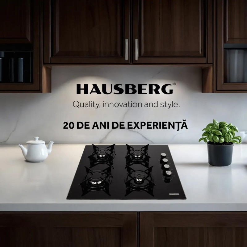 Pachet Incorporabil Cuptor Hausberg HB-8051IN, Electric, Putere 2000 W, 76 l, 4 Functii, Clasa A, Negru/Inox, Plita incorporabila Hausberg HB-563, Gaz, 4 arzatoare, Negru