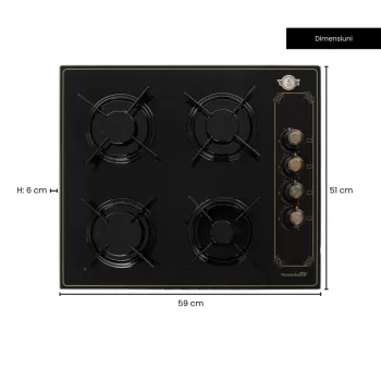 Plita Incorporabila Rustica Hausberg HB-575RST, 4 arzatoare, Gaz, 60 cm, Negru
