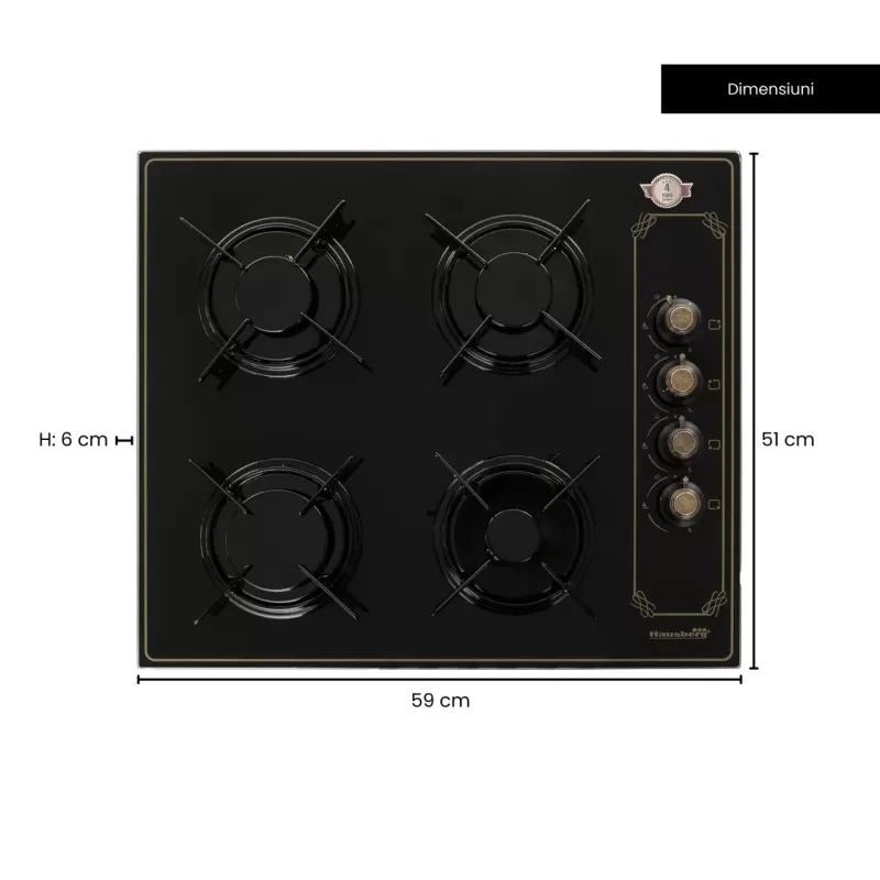 Plita Incorporabila Rustica Hausberg HB-575RST, 4 arzatoare, Gaz, 60 cm, Negru