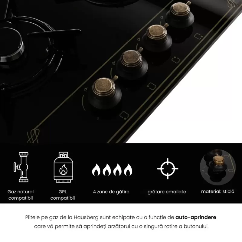 Plita Incorporabila Rustica Hausberg HB-575RST, 4 arzatoare, Gaz, 60 cm, Negru