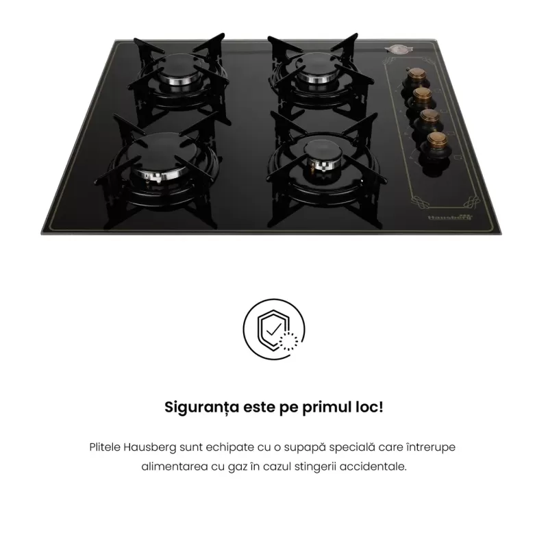 Plita Incorporabila Rustica Hausberg HB-575RST, 4 arzatoare, Gaz, 60 cm, Negru