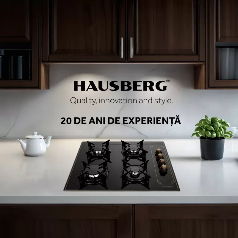 Plita Incorporabila Rustica Hausberg HB-575RST, 4 arzatoare, Gaz, 60 cm, Negru