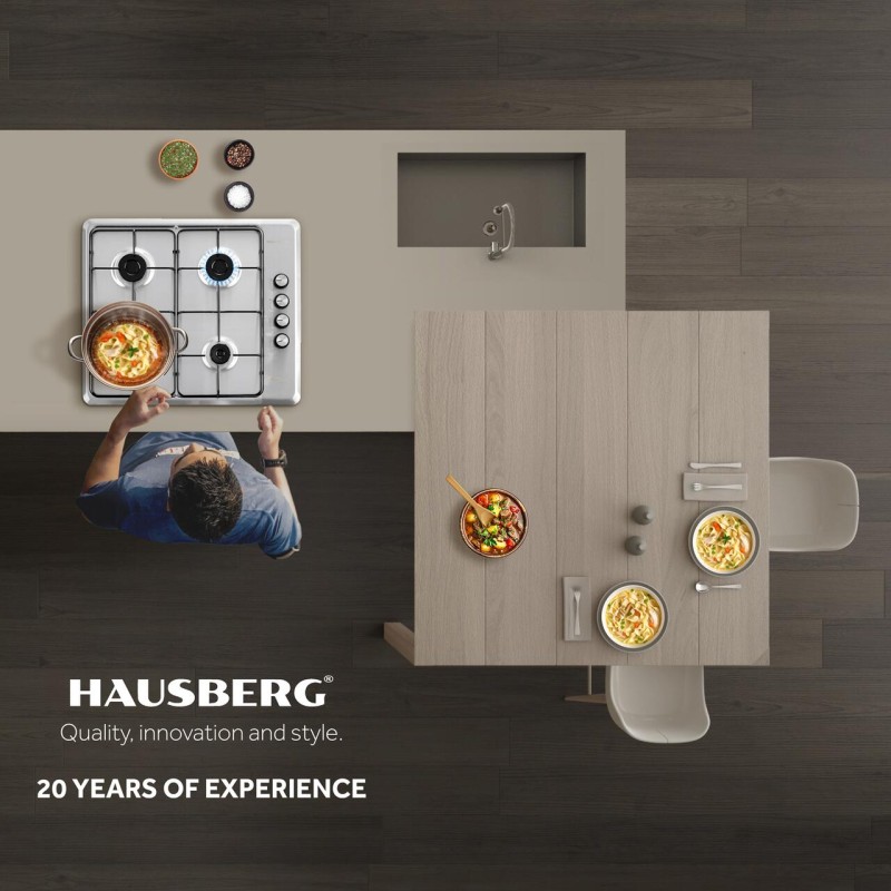 Plita incorporabila HAUSBERG HB-580IN, aprindere electrica, gaz, 4 arzatoare, sistem siguranta, Inox