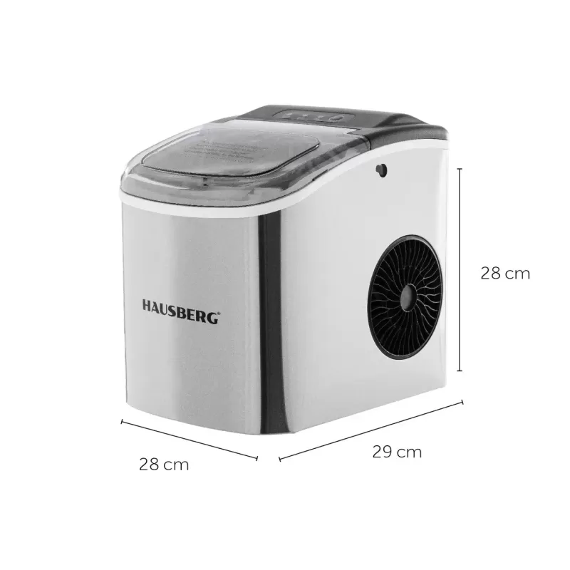 Aparat de preparat gheata HAUSBERG HB-6019IN, capacitate vas apa 1.2 litri, productie cuburi gheata 12-15 kg / 24 ore, capacitate de stocare 0.6 kg, 9 cuburi/6-9 min, argintiu