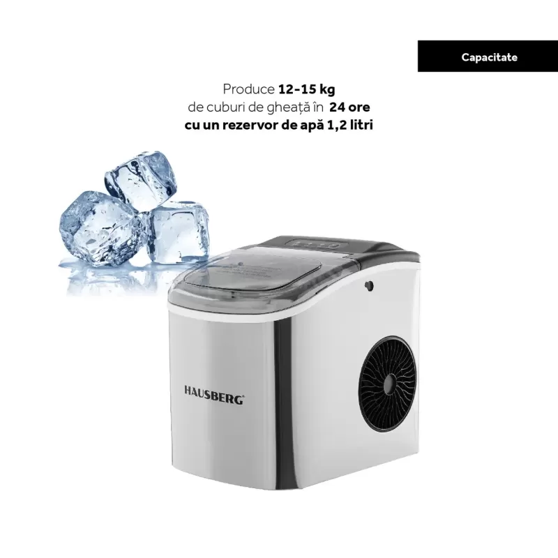 Aparat de preparat gheata HAUSBERG HB-6019IN, capacitate vas apa 1.2 litri, productie cuburi gheata 12-15 kg / 24 ore, capacitate de stocare 0.6 kg, 9 cuburi/6-9 min, argintiu