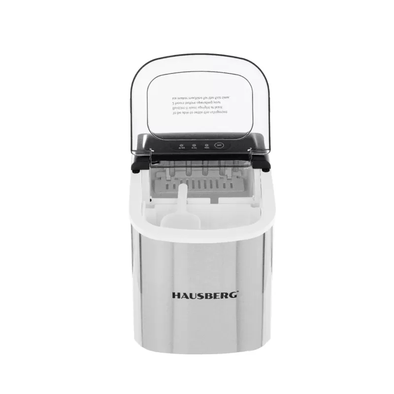 Aparat de preparat gheata HAUSBERG HB-6019IN, capacitate vas apa 1.2 litri, productie cuburi gheata 12-15 kg / 24 ore, capacitate de stocare 0.6 kg, 9 cuburi/6-9 min, argintiu