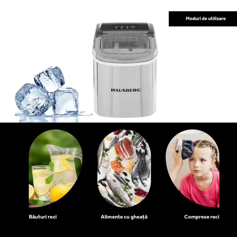 Aparat de preparat gheata HAUSBERG HB-6019IN, capacitate vas apa 1.2 litri, productie cuburi gheata 12-15 kg / 24 ore, capacitate de stocare 0.6 kg, 9 cuburi/6-9 min, argintiu