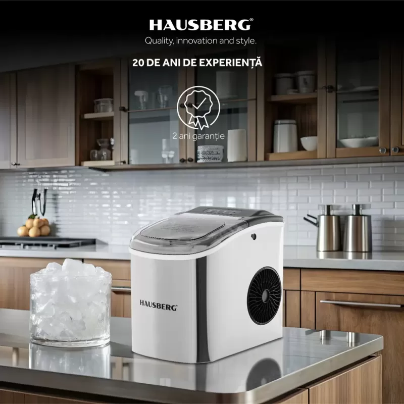 Aparat de preparat gheata HAUSBERG HB-6019IN, capacitate vas apa 1.2 litri, productie cuburi gheata 12-15 kg / 24 ore, capacitate de stocare 0.6 kg, 9 cuburi/6-9 min, argintiu