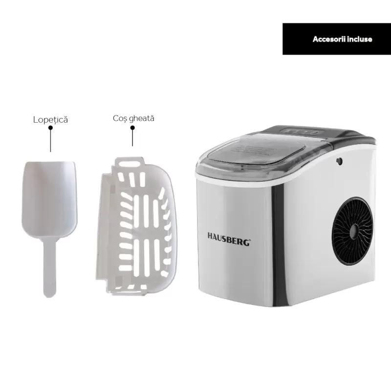 Aparat de preparat gheata HAUSBERG HB-6019IN, capacitate vas apa 1.2 litri, productie cuburi gheata 12-15 kg / 24 ore, capacitate de stocare 0.6 kg, 9 cuburi/6-9 min, argintiu