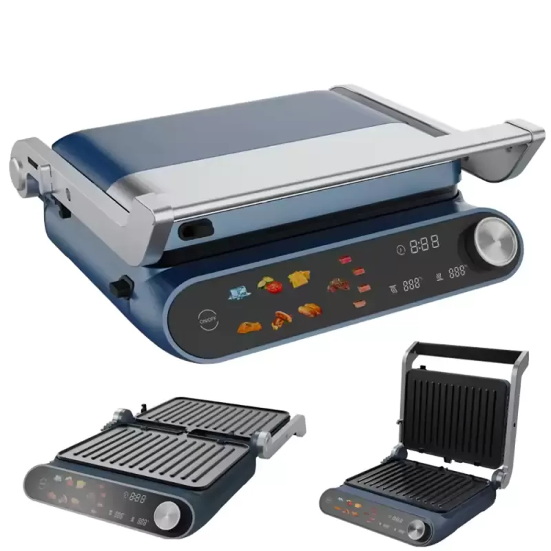 Sandwich Maker 2 in 1 HAUSBERG HB-635, Putere 2200 W, Placi pentru sanwich si grill, Acoperite cu strat anti-aderent, Ecran tactil digital, 7 programe diferite de gatit, Culoare Albastru/Gri