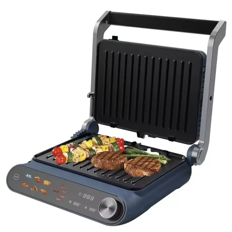Sandwich Maker 2 in 1 HAUSBERG HB-635, Putere 2200 W, Placi pentru sanwich si grill, Acoperite cu strat anti-aderent, Ecran tactil digital, 7 programe diferite de gatit, Culoare Albastru/Gri