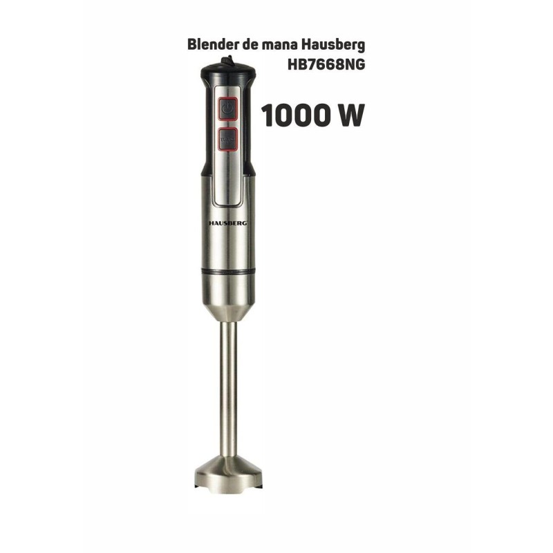 Blender de mana Hausberg HB-7668NG, 1000 W, 2 viteze, lama din otel inoxidabil, motor cupru, Negru-Inox