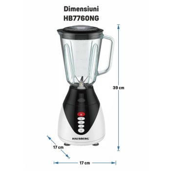 Blender HAUSBERG HB-7760NG, 350W, 1.5L, 3 trepte viteza, functie Pulse, zdrobire gheata, 4 lame detasabile, Negru