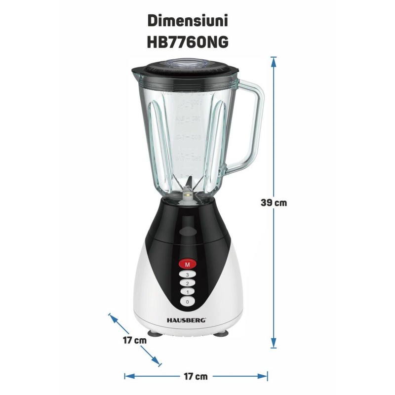 Blender HAUSBERG HB-7760NG, 350W, 1.5L, 3 trepte viteza, functie Pulse, zdrobire gheata, 4 lame detasabile, Negru