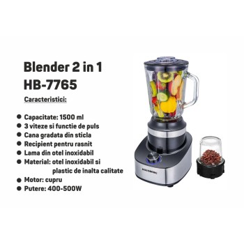Blender 2 in 1 HAUSBERG HB-7765, 400-500W, 1.5 L, 3 viteze + Pulse, Negru-Inox