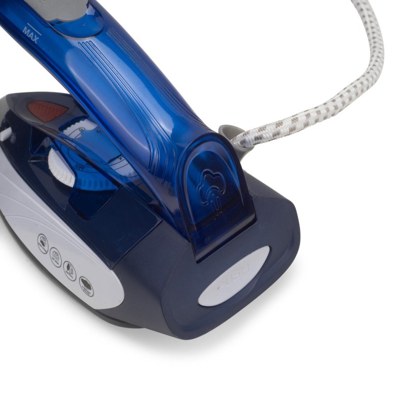 Mini fier de calcat Hausberg HB-7810BL, 1000 W, De voiaj, 75 ml, Ceramica, Auto curatarе, Alb-Albastru