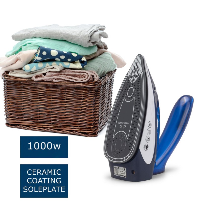 Mini fier de calcat Hausberg HB-7810BL, 1000 W, De voiaj, 75 ml, Ceramica, Auto curatarе, Alb-Albastru
