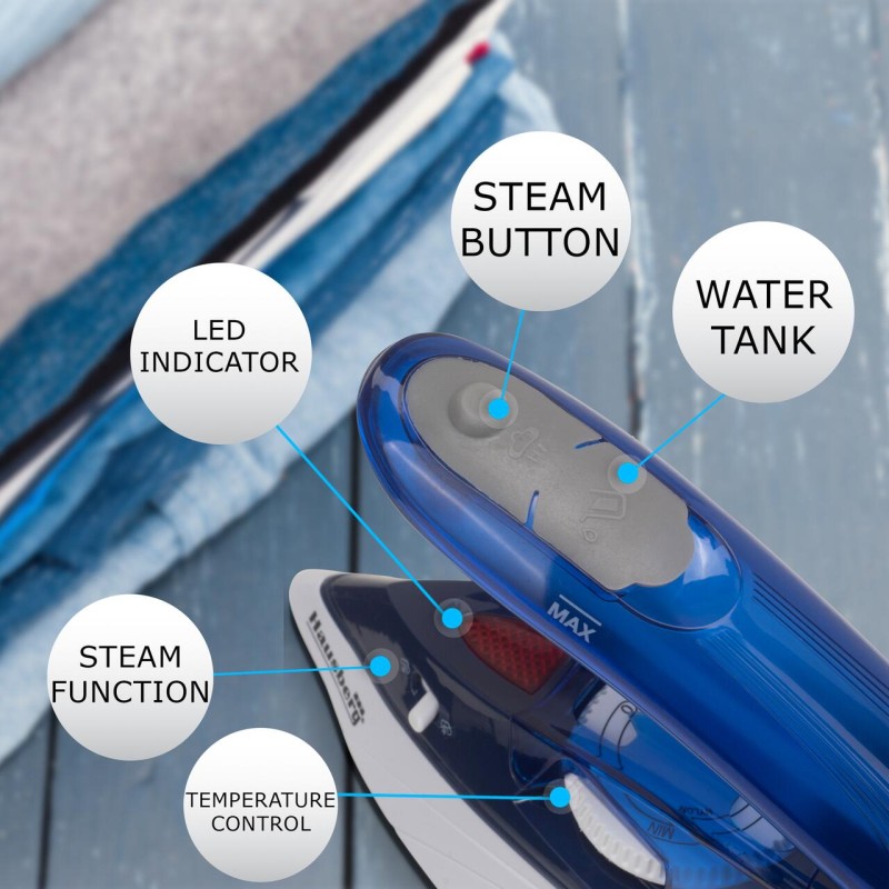 Mini fier de calcat Hausberg HB-7810BL, 1000 W, De voiaj, 75 ml, Ceramica, Auto curatarе, Alb-Albastru