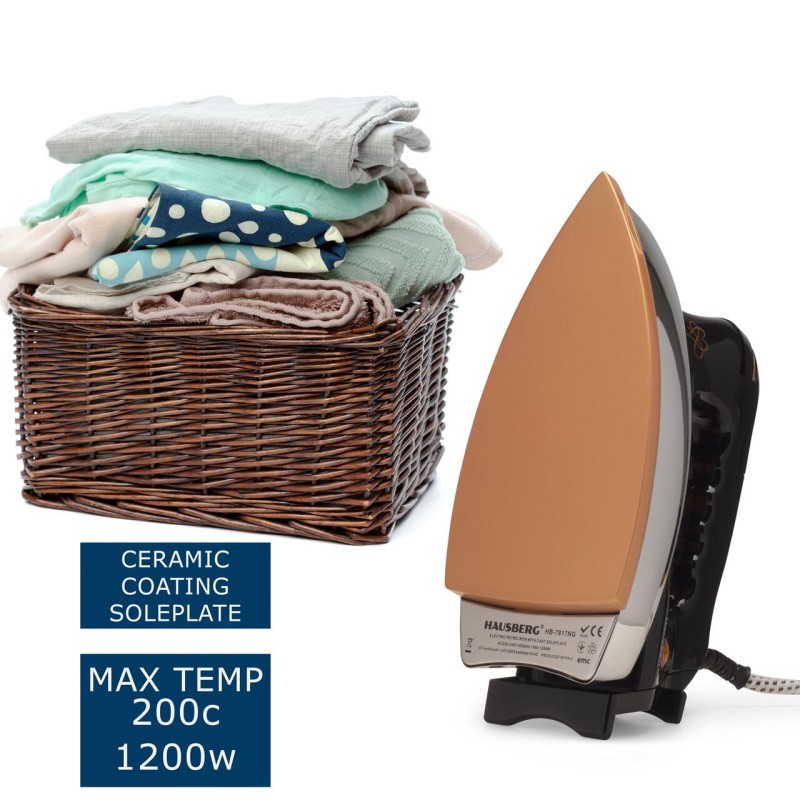 Fier de calcat Retro HAUSBERG HB-7817NG, 1000-1200W, Talpa acoperit ceramic turnat, Termostat, 6 Setari temperatura, Indicator luminos, Protectie supraincalzire, Temperatura 200°C, Negru