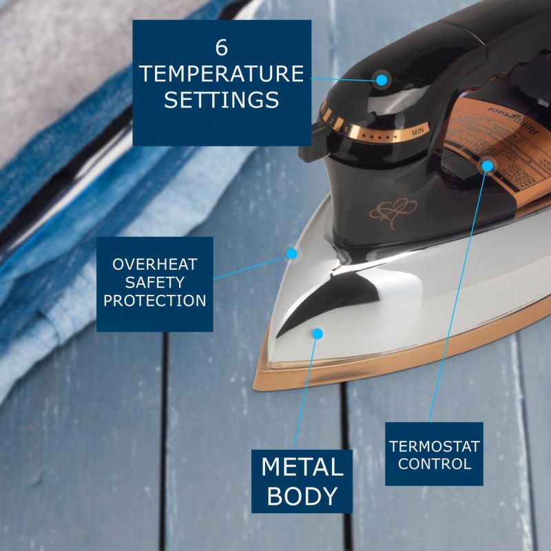 Fier de calcat Retro HAUSBERG HB-7817NG, 1000-1200W, Talpa acoperit ceramic turnat, Termostat, 6 Setari temperatura, Indicator luminos, Protectie supraincalzire, Temperatura 200°C, Negru