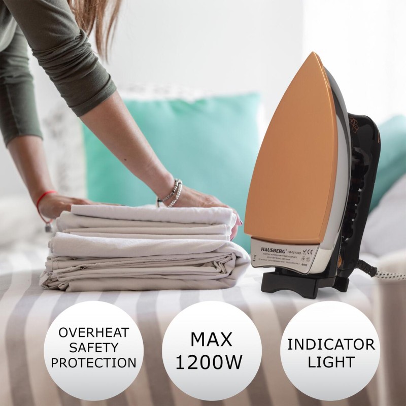 Fier de calcat Retro HAUSBERG HB-7817NG, 1000-1200W, Talpa acoperit ceramic turnat, Termostat, 6 Setari temperatura, Indicator luminos, Protectie supraincalzire, Temperatura 200°C, Negru