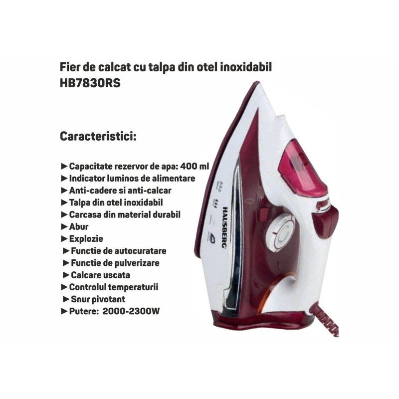 Fier de calcat cu talpa din otel inoxidabil HAUSBERG HB-HB7830RS, 2000-2300 W, 400 ml, Alb-Rosu