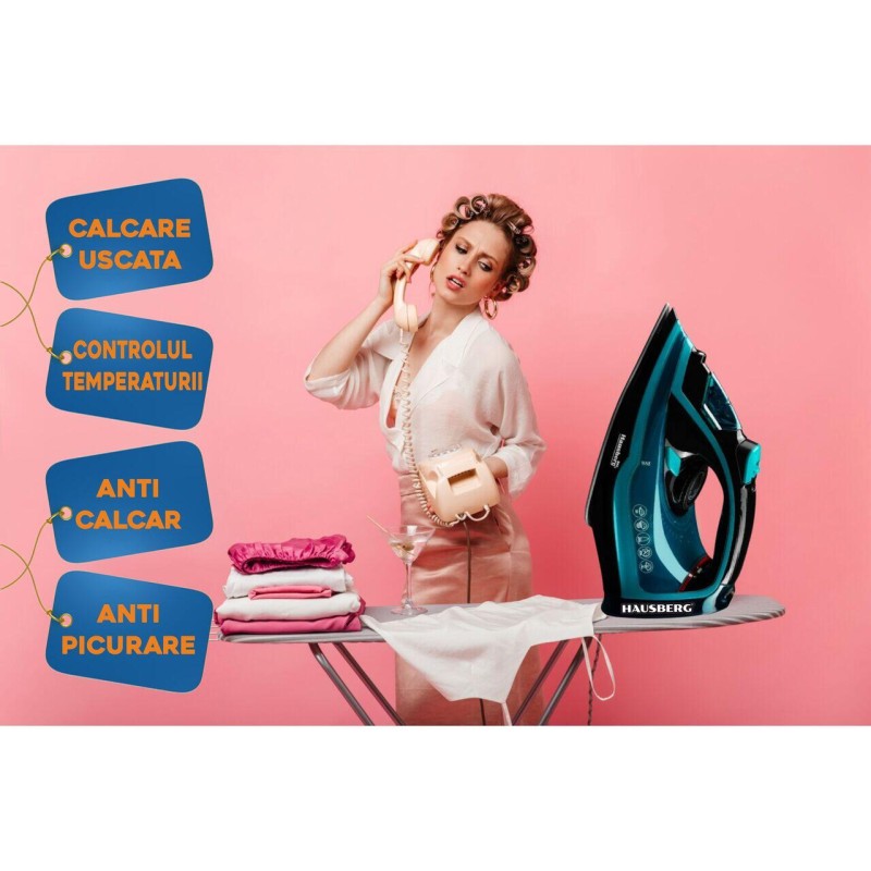 Fier de Calcat Hausberg HB-7840VR, Ceramic, autocuratare, anticalcar, 300ml, 2400-2800W, Negru/Verde