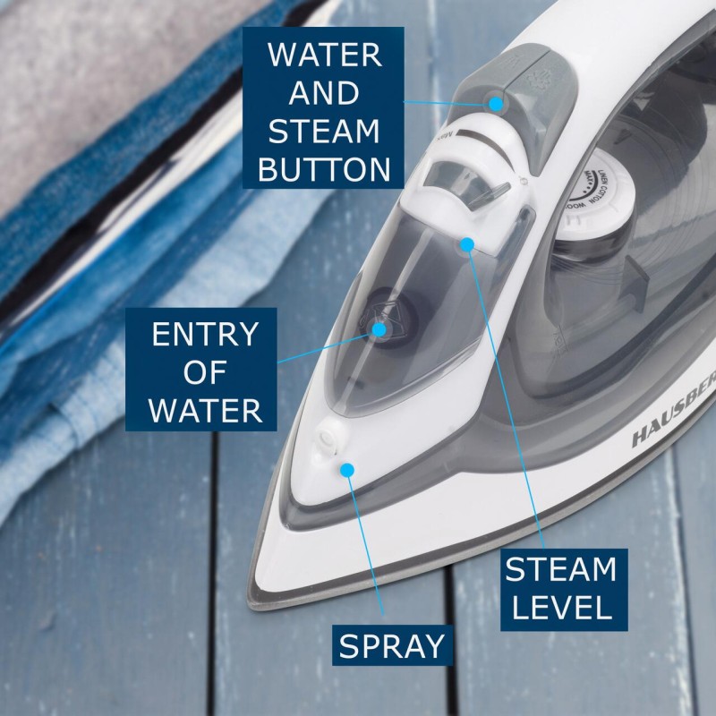 Fier de calcat Hausberg HB-7850GR, 1300W, talpa invelis ceramic, abur vertical, calcare uscata, autocuratare, pulverizare, rezervor 130ml, Gri