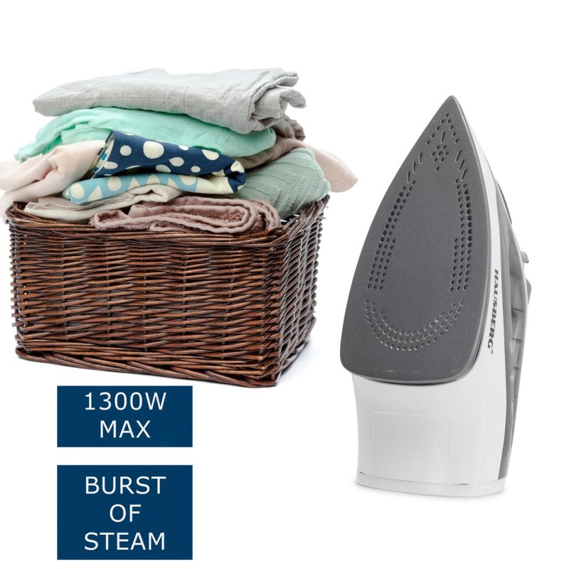 Fier de calcat Hausberg HB-7850GR, 1300W, talpa invelis ceramic, abur vertical, calcare uscata, autocuratare, pulverizare, rezervor 130ml, Gri