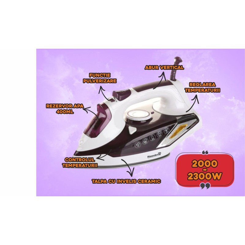 Fier de calcat Hausberg HB-7880MV, 2300W, Talpa cu invelis ceramic, rezervor apa 400ml, Alb-Mov