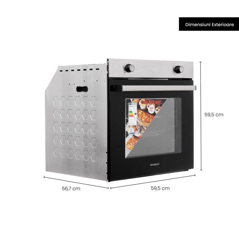 Pachet incorporabil HAUSBERG cuptor electric HB-8051IN, 2000W, 4 Functii, 76L, plita gaz HB-555, 4 arzatoare, aprindere electrica, hota telescopic HB-1285IN, absorbtie 420 m3/h, 2 motoare, 60cm, cuptor microunde HB-8065IN, 1200W, 20L, Inox