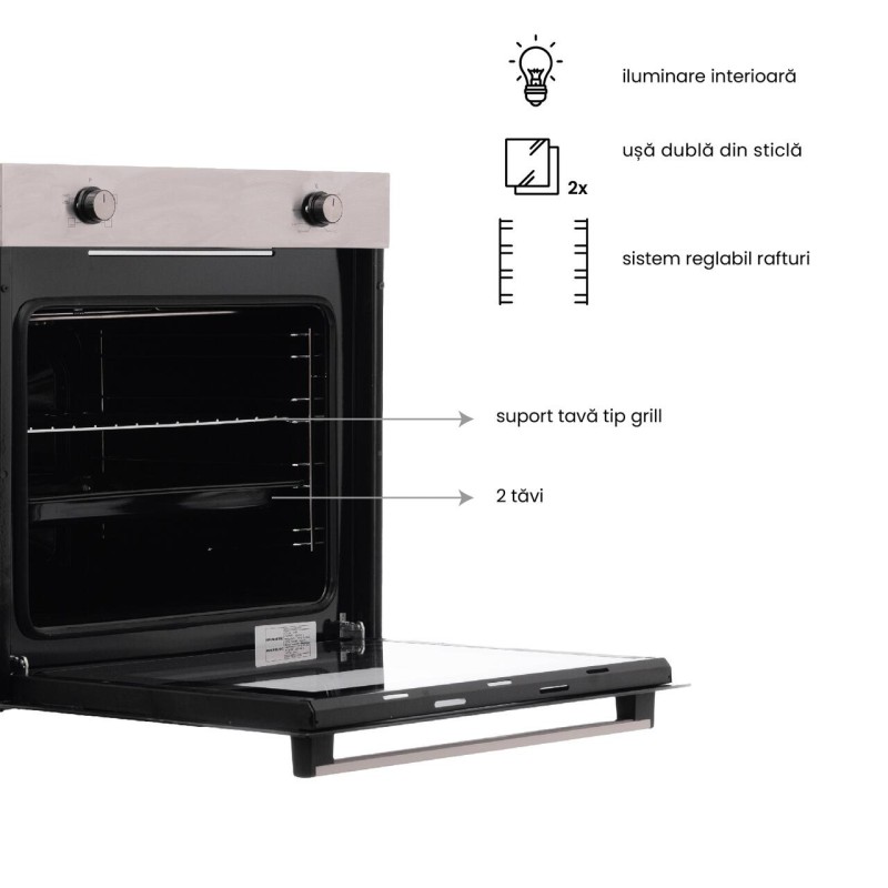 Pachet incorporabil Hausberg Cuptor HB-8051IN, Electric, Putere 2000 W, 76 l, 4 Functii, Plita incorporabila HB-556IN, Gaz, 4 arzatoare, Sistem siguranta GAZ, fonta, Hota telescopica HB-1280, absorbtie 280m3/h, 1 motor, 60 cm Inox-Alb