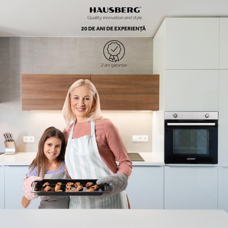 Pachet incorporabil Hausberg Cuptor HB-8051IN, Electric, Putere 2000 W, 76 l, 4 Functii, Plita incorporabila HB-556IN, Gaz, 4 arzatoare, Sistem siguranta GAZ, fonta, Hota telescopica HB-1280, absorbtie 280m3/h, 1 motor, 60 cm Inox-Alb