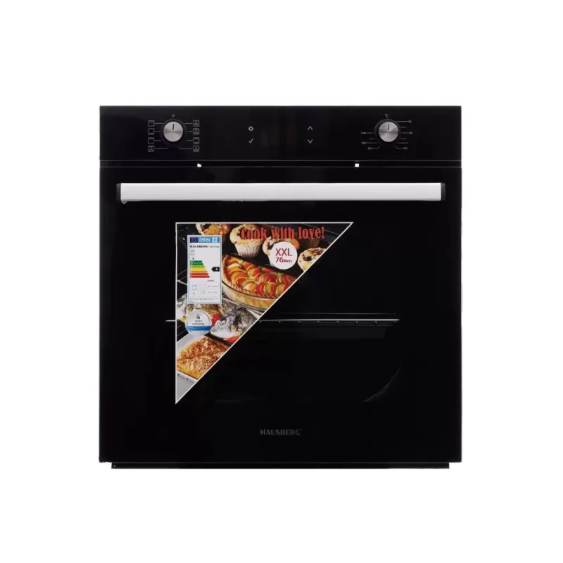 Cuptor electric incorporabil Hausberg HB-8054NG, Clasa A, volum 71L, putere 2225W, panou sticla termoizolant, termostat, timer, 8 functii, ventilatie, Negru