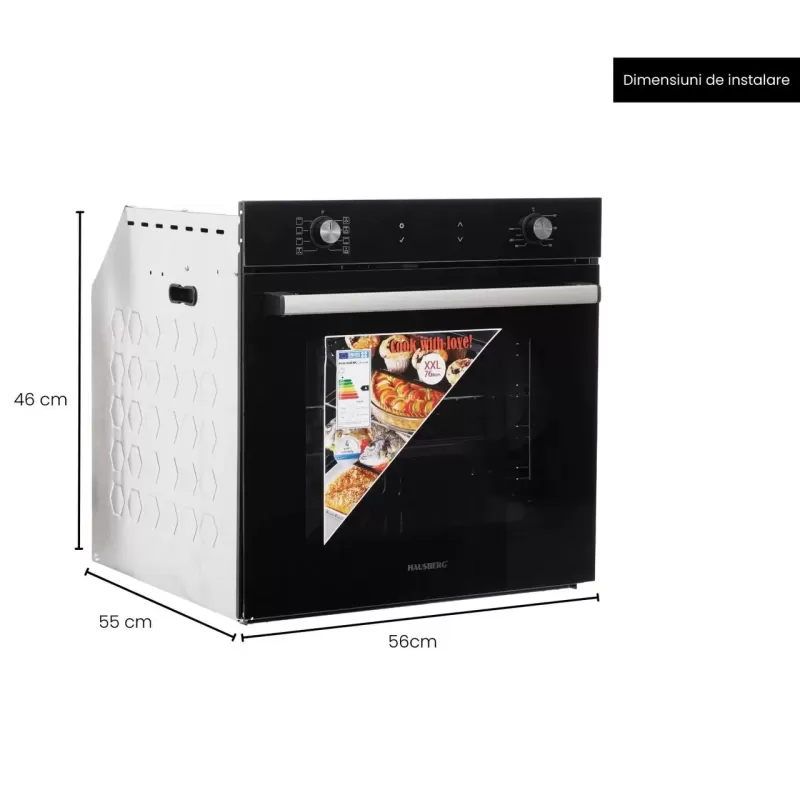 Cuptor electric incorporabil Hausberg HB-8054NG, Clasa A, volum 71L, putere 2225W, panou sticla termoizolant, termostat, timer, 8 functii, ventilatie, Negru