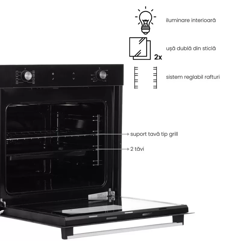 Cuptor electric incorporabil Hausberg HB-8054NG, Clasa A, volum 71L, putere 2225W, panou sticla termoizolant, termostat, timer, 8 functii, ventilatie, Negru