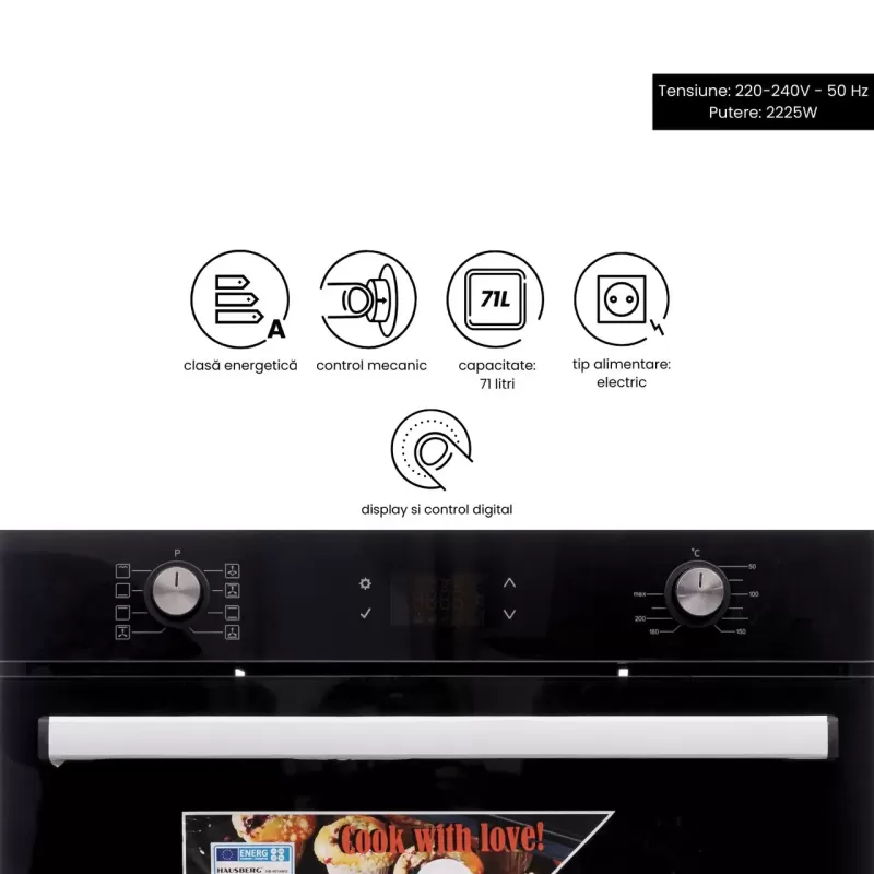 Cuptor electric incorporabil Hausberg HB-8054NG, Clasa A, volum 71L, putere 2225W, panou sticla termoizolant, termostat, timer, 8 functii, ventilatie, Negru